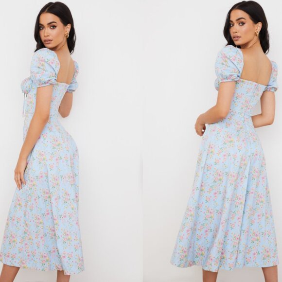 House of CB Tallulah Blue Vintage Floral Puff Sleeve Midi Dress NWT - Picture 4 of 10